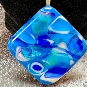 Blue Art Glass Foil Pendant Sterling Silver Necklace